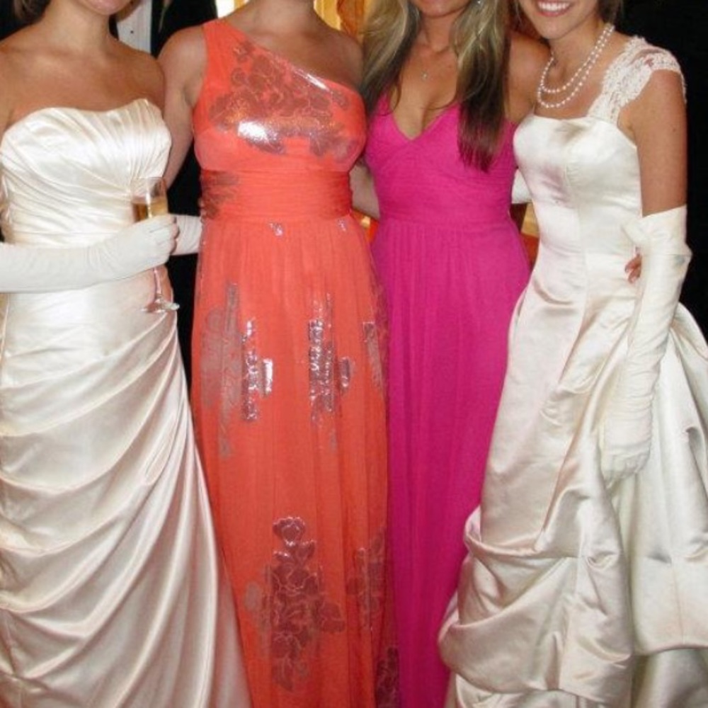 Eliza J Long Chiffon Pink / Coral Floor Length Gown with Gold Accents